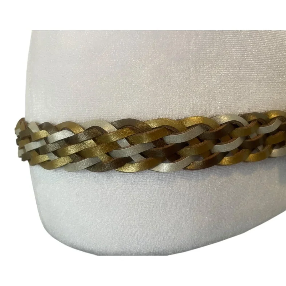 Vintage Tricolor Braided Gold Silver White Leather Belt with Gold Tone Buckle XL